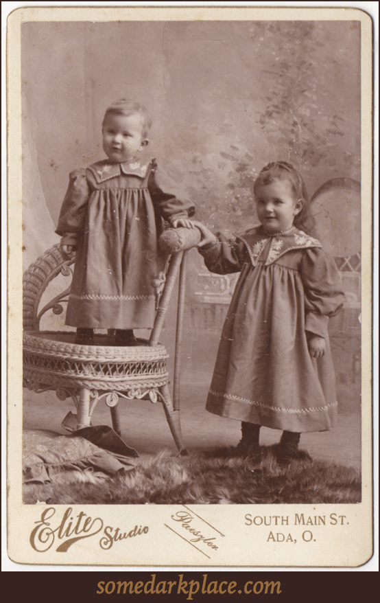 Two small children in matching dresses. One is standing in a chair, the other beside. The younger of the two appears to be a boy, the other a girl. Both dresses are embroidered and have decorative stitching.
