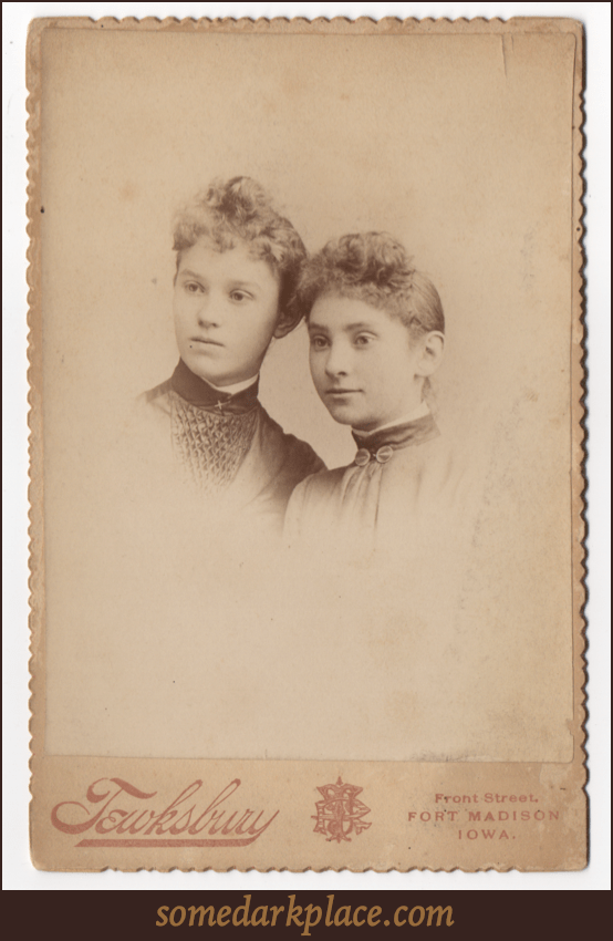 Two young women. Both in partial profile. Both are wearing dresses. One has a broach and the other a clasp at her throat. They wear high collars with white trimming.