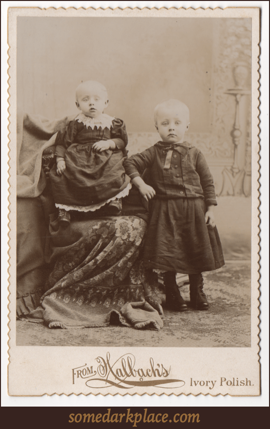 Two young tow headed children, both wearing dresses. Most likely two boys, but the infant could be either.